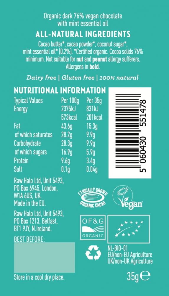 Dark & Mint Organic Raw Chocolate Vegan 35g