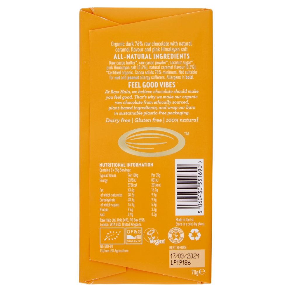 Dark & Salted Caramel Organic Raw Chocolate Vegan 70g