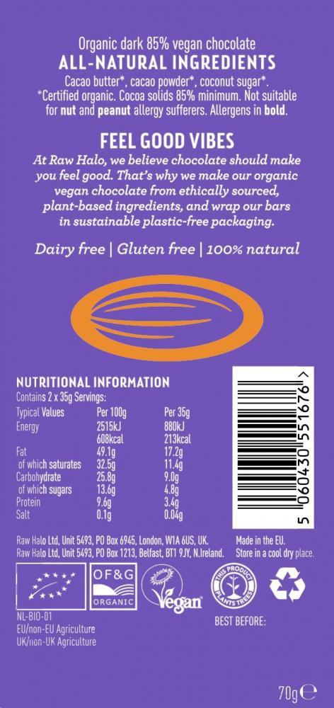 Dark 85% Organic Raw Chocolate Vegan 70g