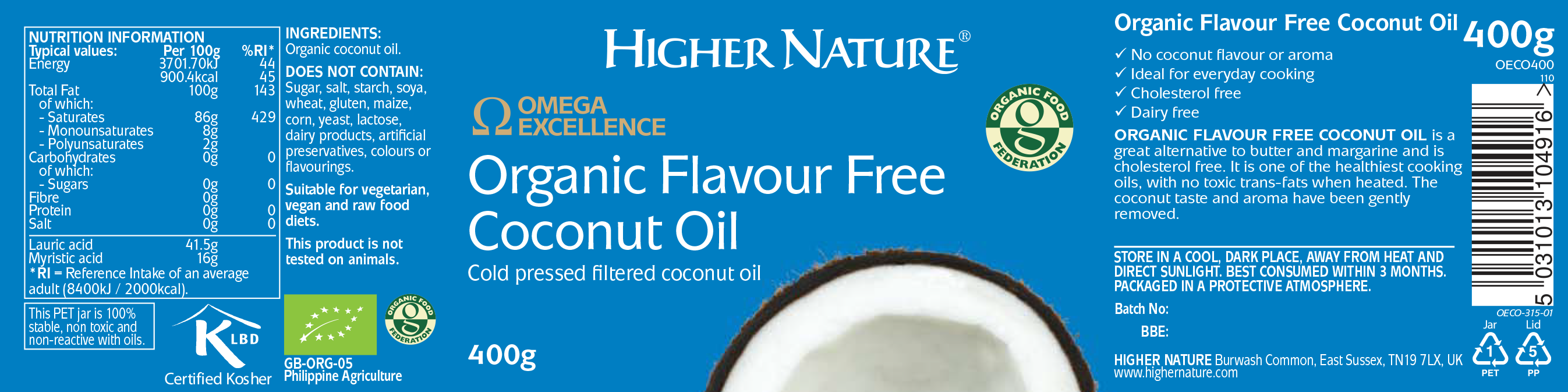 Organic Flavour Free Coconut Oil 400g