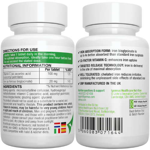 Iron Bisglycinate 20mg with Vitamin C 180s