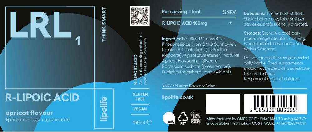 LRL1 R-Lipoic Acid Apricot Flavour 150ml (Liposomal)
