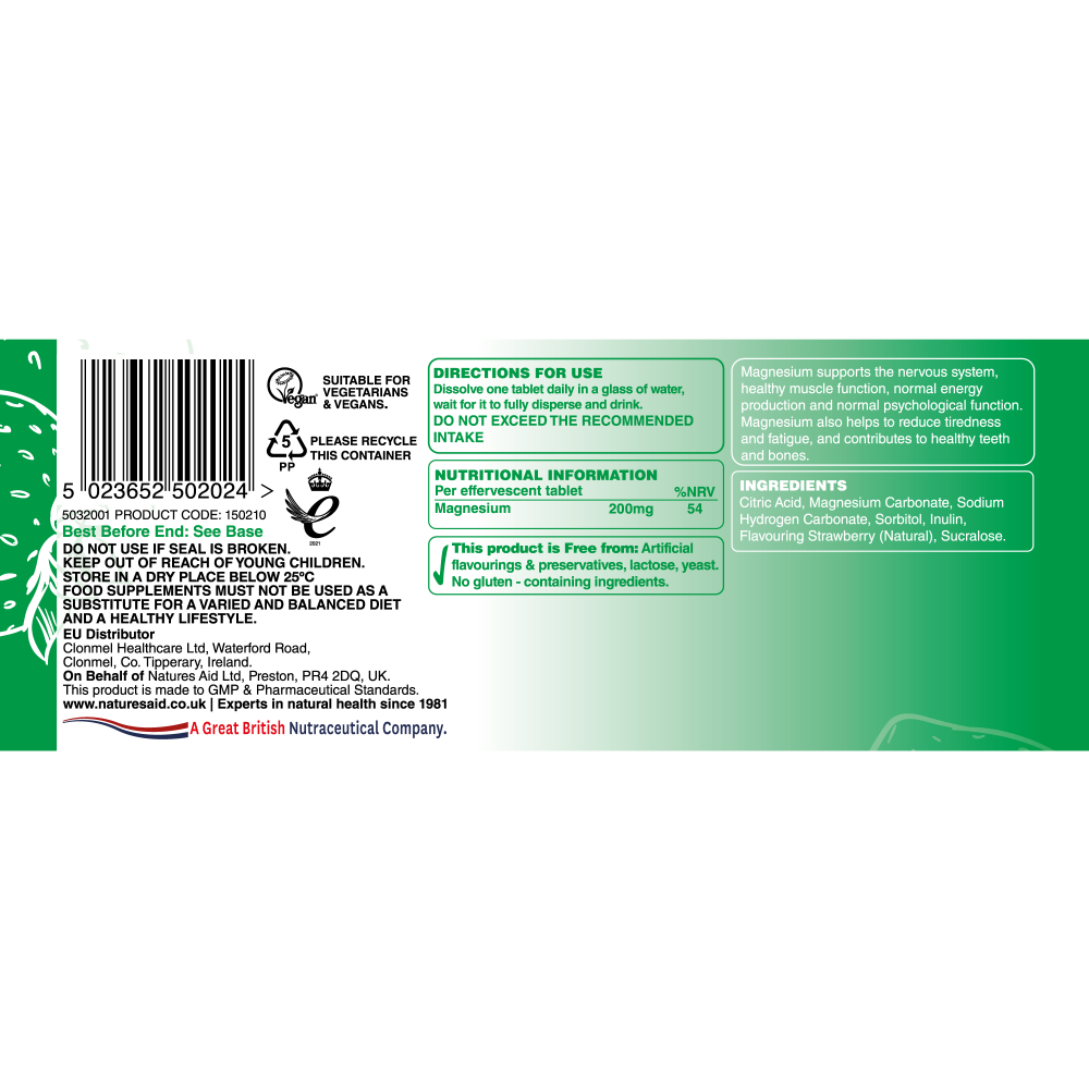 Magnesium 200mg Natural Strawberry Flavour Effervescent 20's