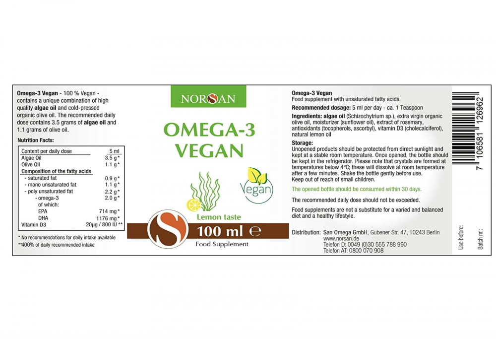 Omega-3 Vegan Vegetable Algae Oil 100ml