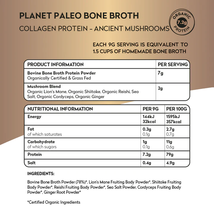 Organic Bone Broth Collagen Protein Ancient Mushrooms 450g