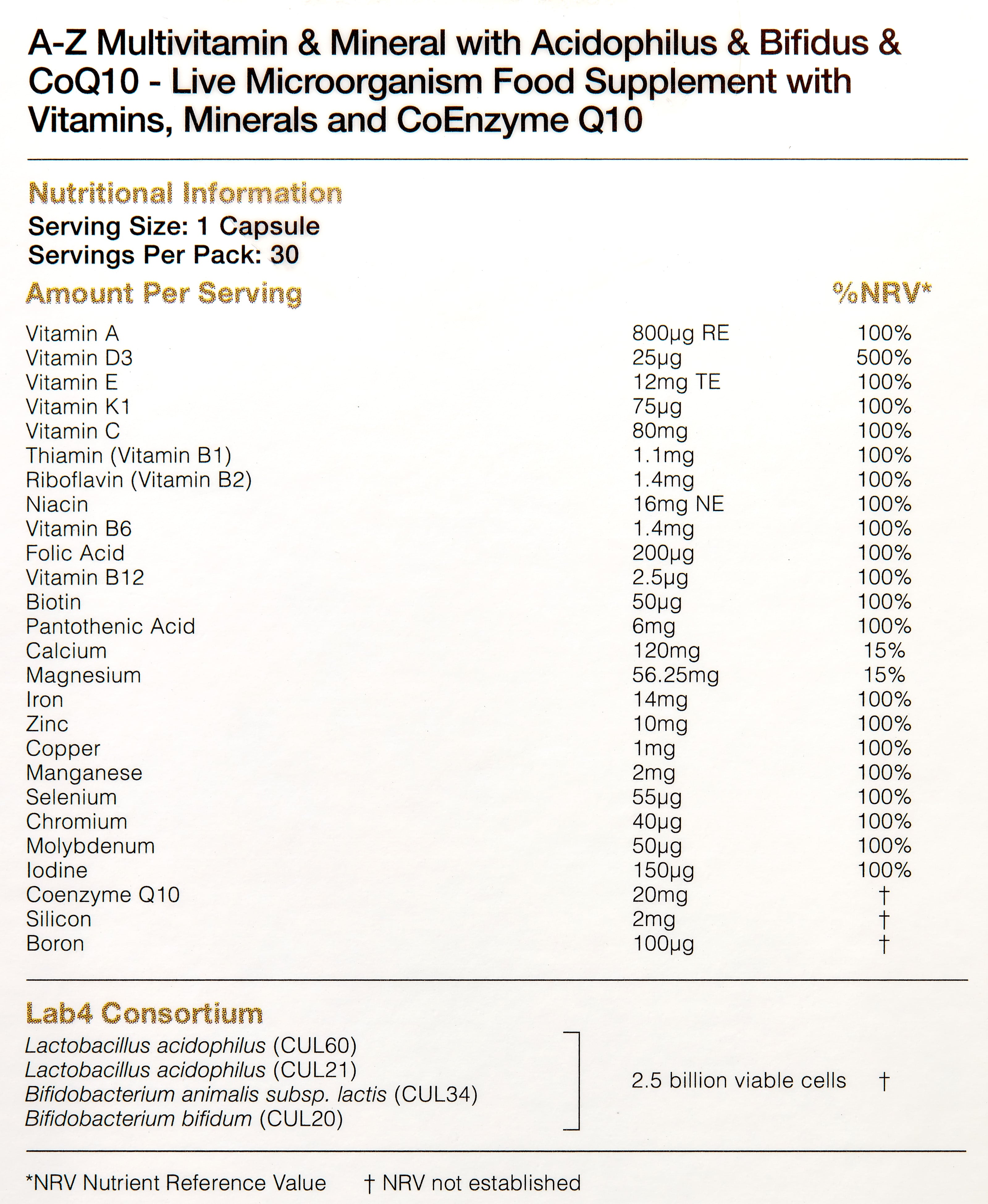A-Z Multivitamin & Mineral with Friendly Bacteria & CoQ10 30s
