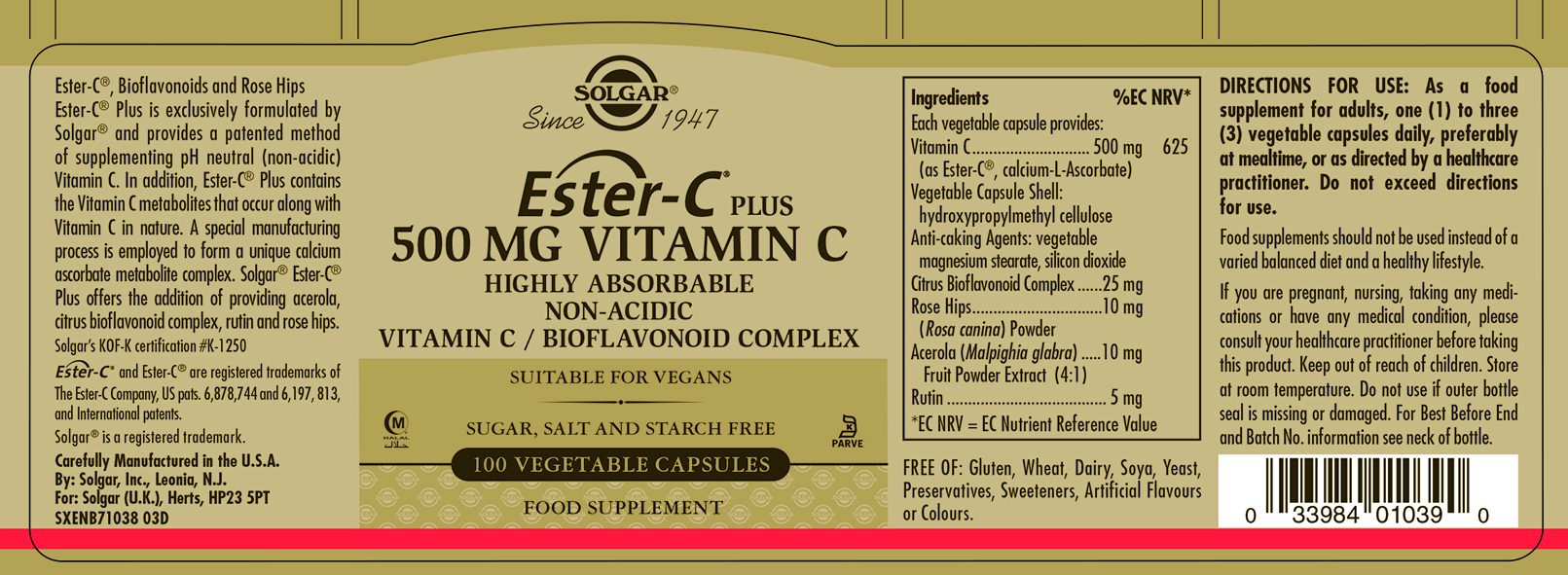 Ester-C Plus 500mg Vitamin C 100 Vegetable Capsules