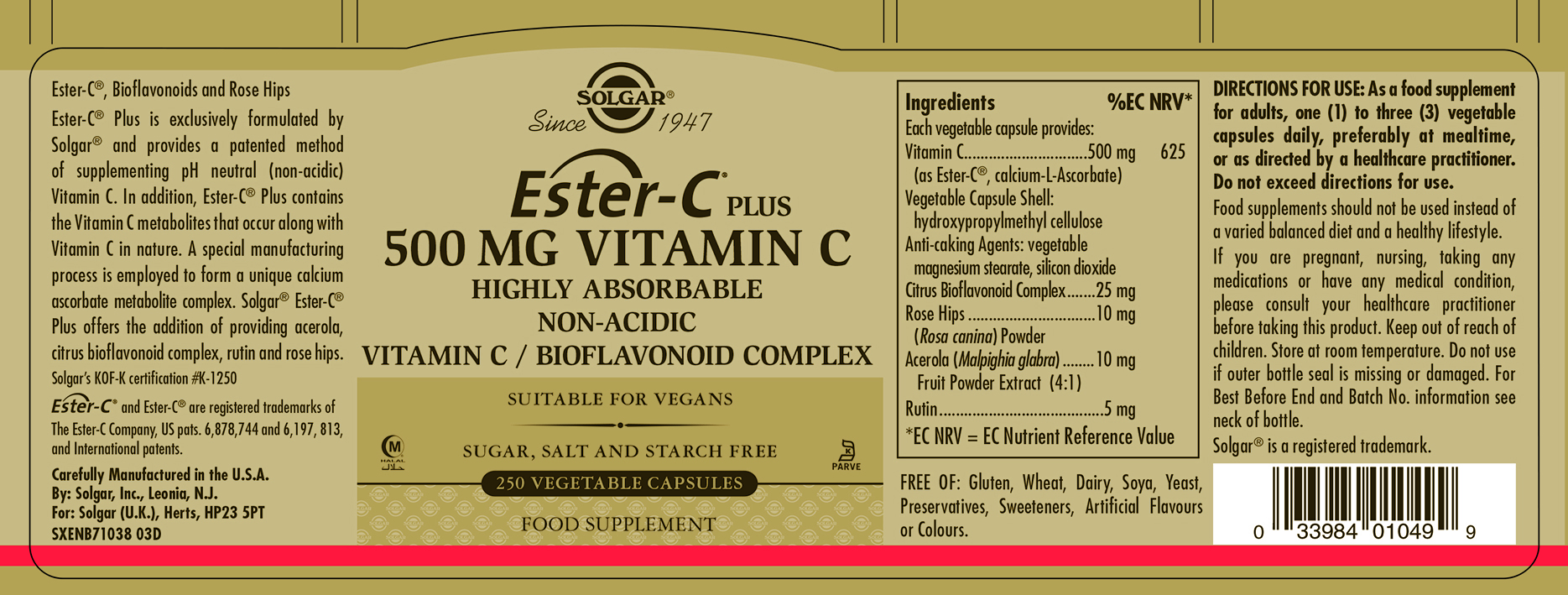 Ester-C Plus 500mg Vitamin C 250 Vegetable Capsules
