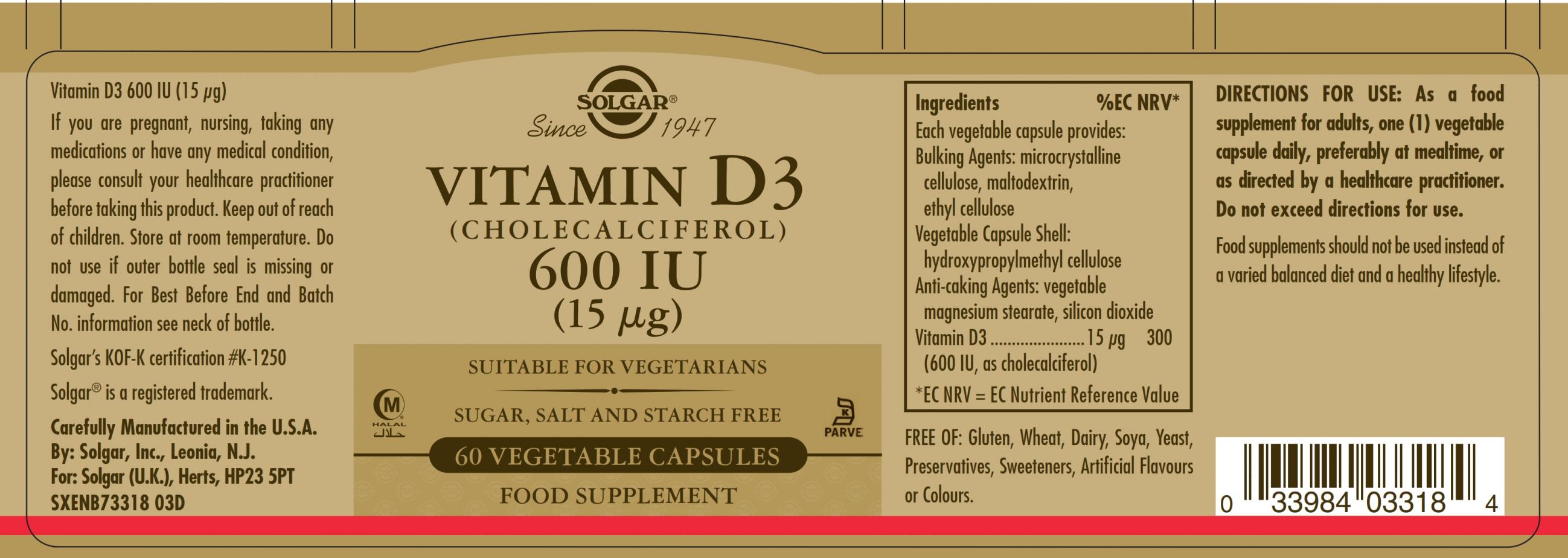 Vitamin D3 (Cholecalciferol) 600iu (15ug) 60 Vegetable Capsules The
