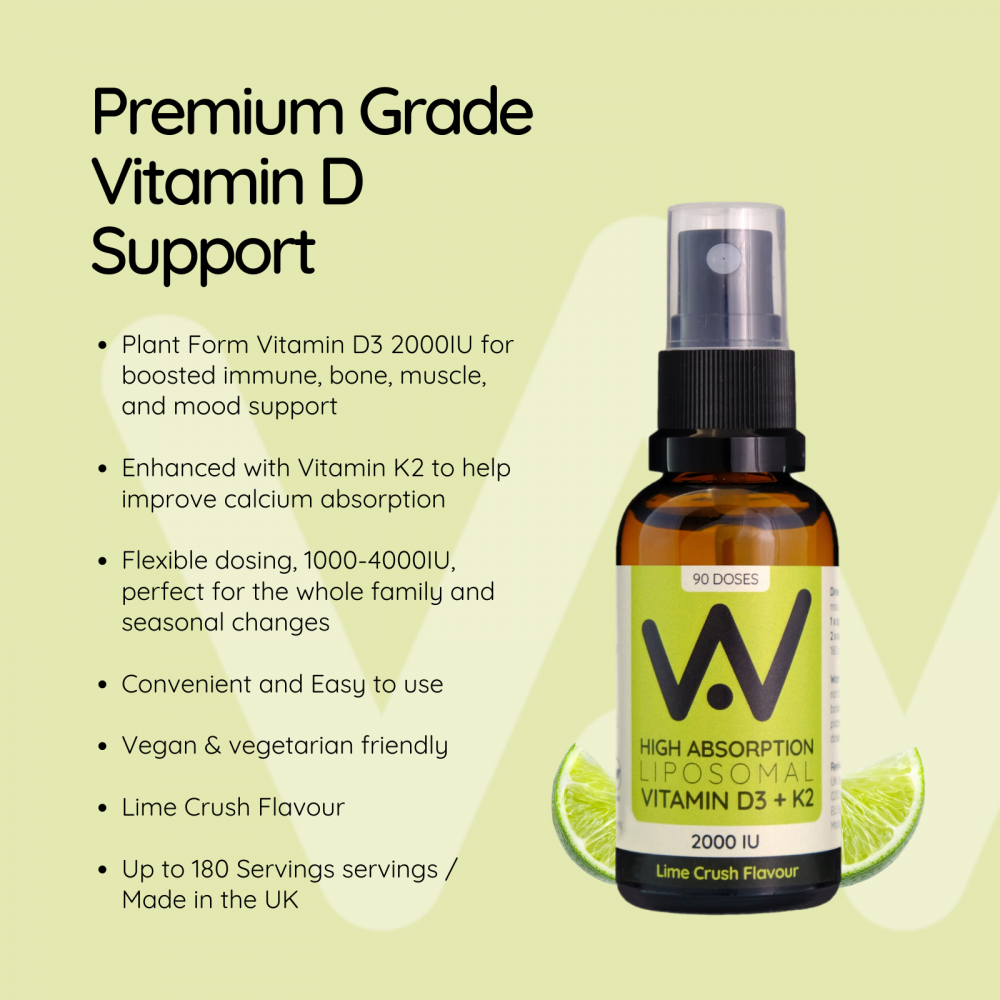 High Absorption Liposomal Vitamin D3 + K2 1000-3000IU Oral Spray Lime Crush 25ml