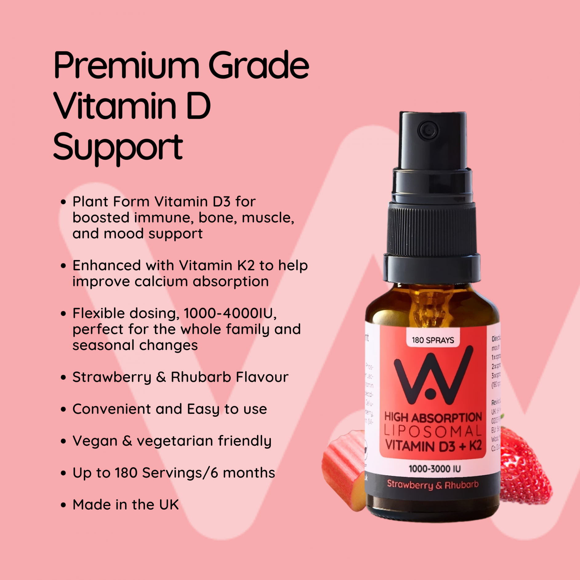 High Absorption Liposomal Vitamin D3+K2 1000-3000IU Oral Spray Strawberry & Rhubarb 25ml