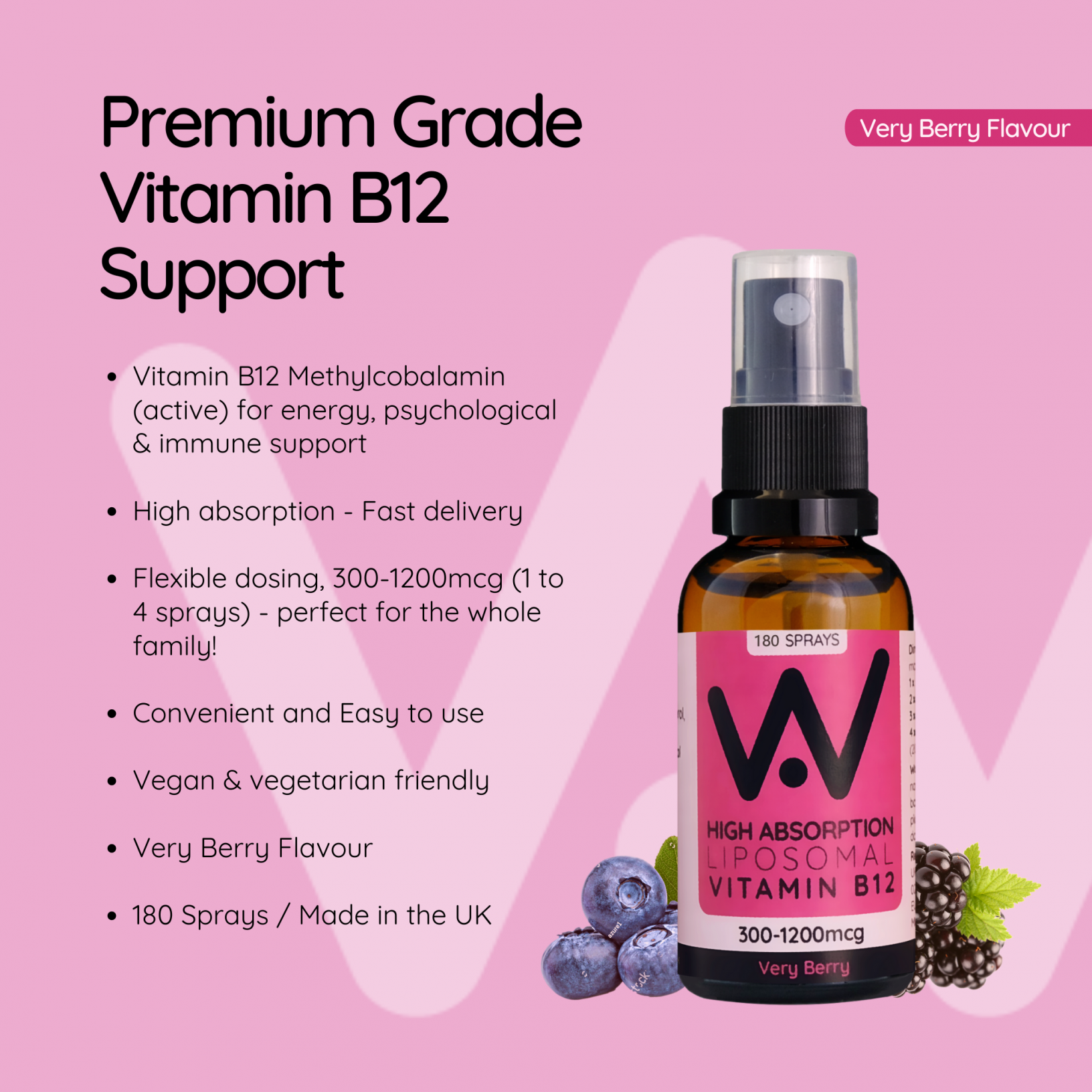 High Absorption Liposomal Vitamin B12 300-1200mcg Methylcobalamin Oral Spray Very Berry Flavour 25ml