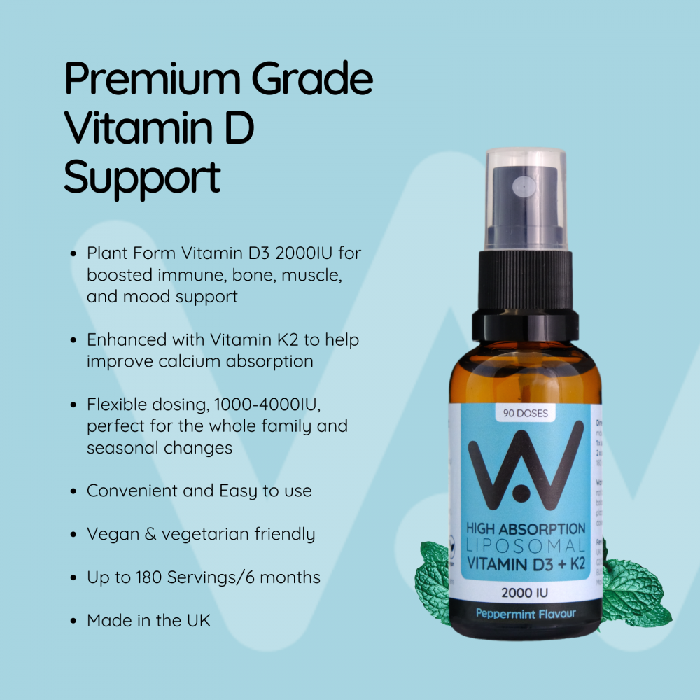 High Absorption Liposomal Vitamin D3 + K2 1000-3000IU Oral Spray Peppermint 25ml