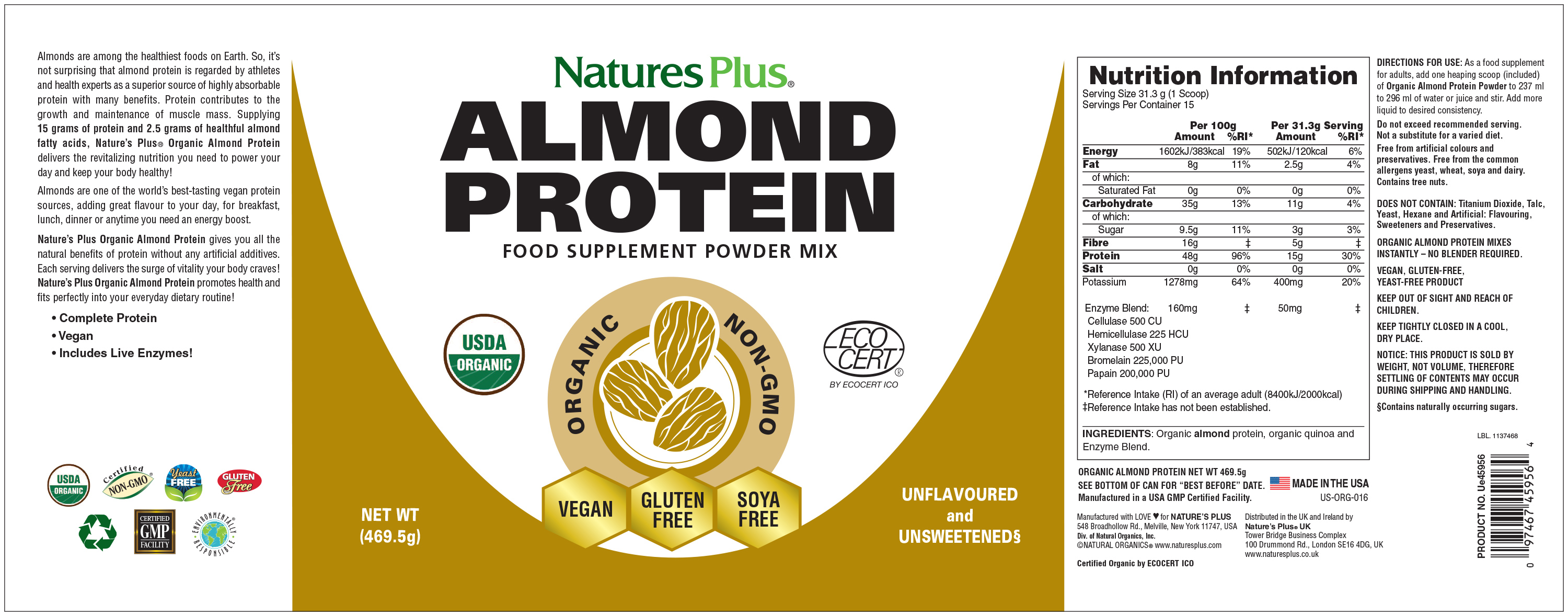 Almond Protein Organic 469.5g The Natural Dispensary