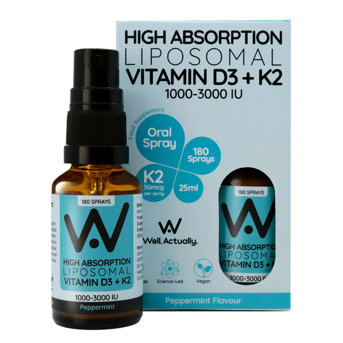 High Absorption Liposomal Vitamin D3 + K2 1000-3000IU Oral Spray Peppermint 25ml