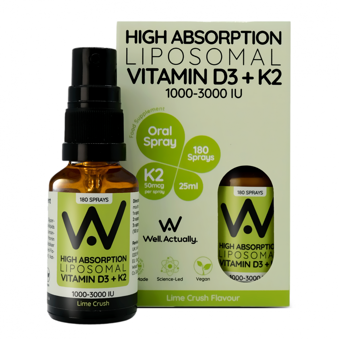 High Absorption Liposomal Vitamin D3 + K2 1000-3000IU Oral Spray Lime Crush 25ml