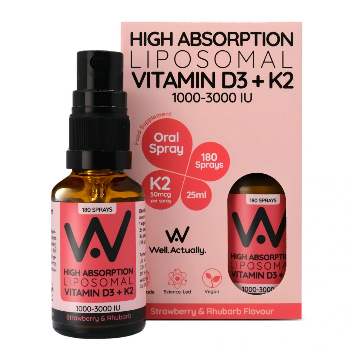 High Absorption Liposomal Vitamin D3+K2 1000-3000IU Oral Spray Strawberry & Rhubarb 25ml